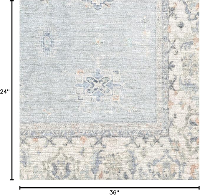RUGGABLE Washable Vintage Area Rug – Verena Soft Blue 2x3, Stain-Resistant, Non-Slip – Small Machine Washable Rugs for Living Room, Bedroom, Hallway, Entryway & Bathroom–with Standard Pad