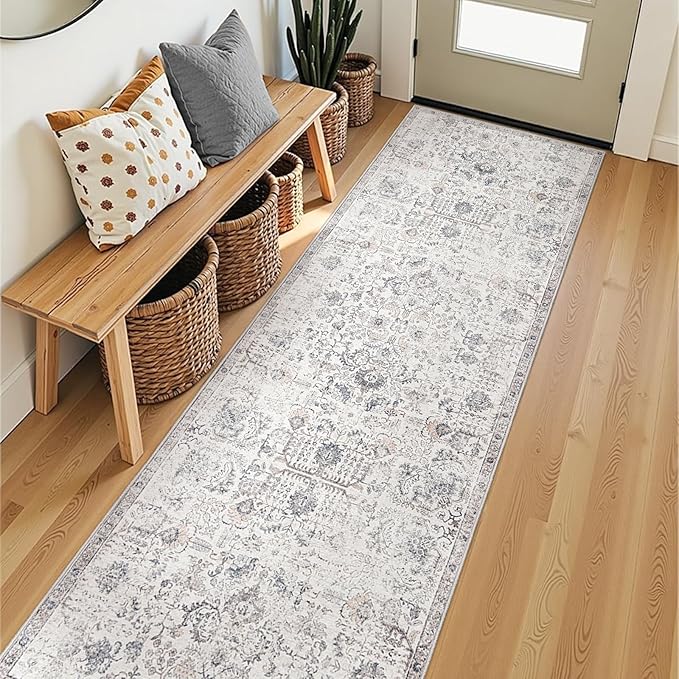 jinchan Kalen Runner Rug 2x8 Washable Hallway Rug Vintage Indoor Thin Retro Floor Cover Distressed Gray Floral Country Lightweight Non Slip Carpet for Entryway Bathroom Bedroom Living Room Grey