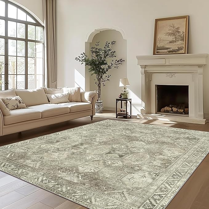 Bavni Area Rug 6x9 Machine Washable Vintage Distressed Print Ultra-Thin Chenille Bedroom Living Room Accent Rug, Low Pile Lightweight Non Slip with Gripper, Forgotten Sandstone