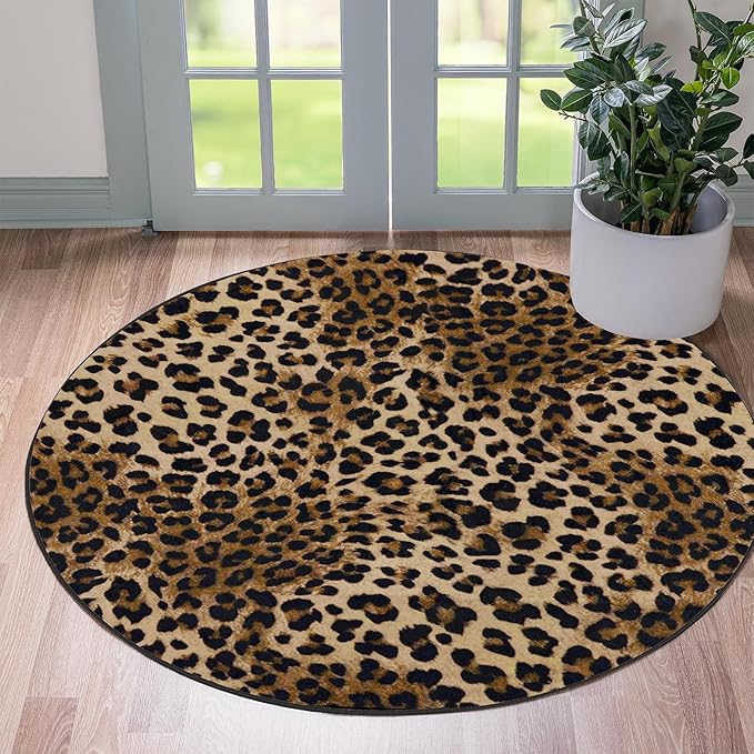 3ft Leopard Print Round Area Rug, Washable Non-Slip Ultra-Soft Low Pile Carpet, Non-Shedding Modern Circle Rug for Bedroom Entryway Kitchen Bathroom Office