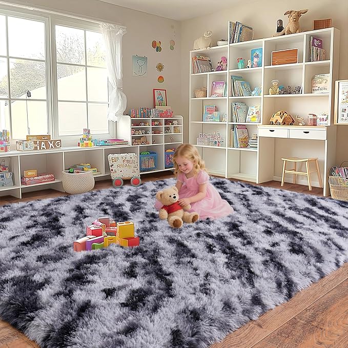 Shaggy Modern Shag Area Rug for Bedroom, Upgrade Non-Slip Plush Fluffy Carpet for Kids Room Home Decor, Plush Area Rug Tie Dye Stripes 5x7Ft