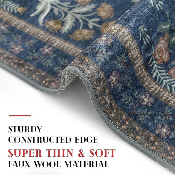 Boho Entryway Rug 2x3 Washable, Navy Floral Kitchen Rug, Super Thin Faux Wool Small Area Rug, Non-Slip Soft Carpet for Foyer, Bedroom, Office