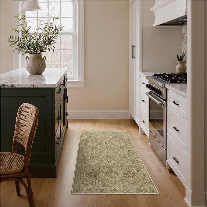 Bavni 3x5 Area Rugs for Living Room, Machine Washable Rug Non Slip, Vintage Chenille Distressed Print Carpet, Large Low Pile Ultra-Thin Lightweight Rugs for Bedroom, Dining Room, Office, Nut Brown