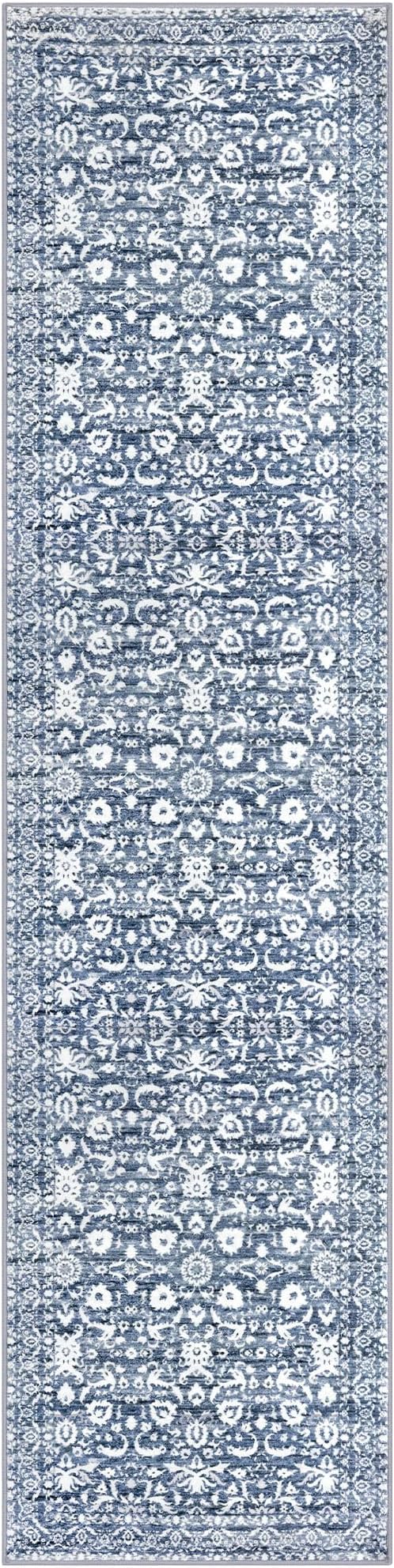Runner Rug 2.6x10, Light Blue White Washable Long Hallway Rug Runner Non-Slip Soft Kitchen Runner Thin Printed Faux Wool Super Soft Carpet for Entryway Bedroom Laundry Room Indoor Home Decor