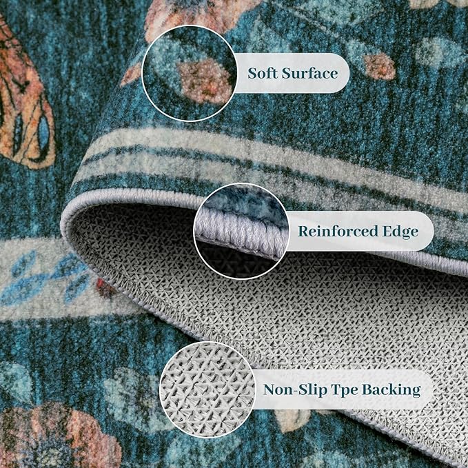 5x8 Insect Print Entryway Rug - Indoor Non-Slip Low Pile Machine Washable Bug Rug for Front Door, Living Room, Bedroom, Kitchen, Nursery, Laundry (5'x8' Teal)