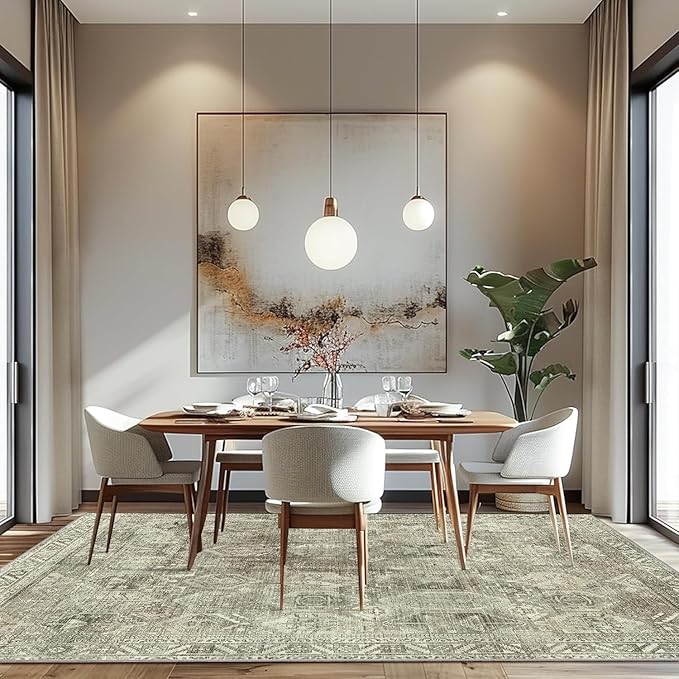 Bavni Area Rug 6x9 Machine Washable Vintage Distressed Print Ultra-Thin Chenille Bedroom Living Room Accent Rug, Low Pile Lightweight Non Slip with Gripper, Forgotten Sandstone