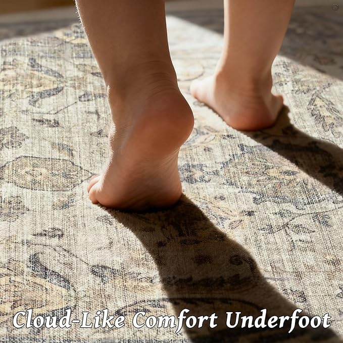 Washable 5x7 Area Rugs for Living Room, Boho Non-Slip Vintage Distress Rugs for Bedroom Dining Room Nursery Office, 0.3" Neutral Oriental Throw Thin Carpet with Cushioning Pad, Flaxen/Brown/Multi
