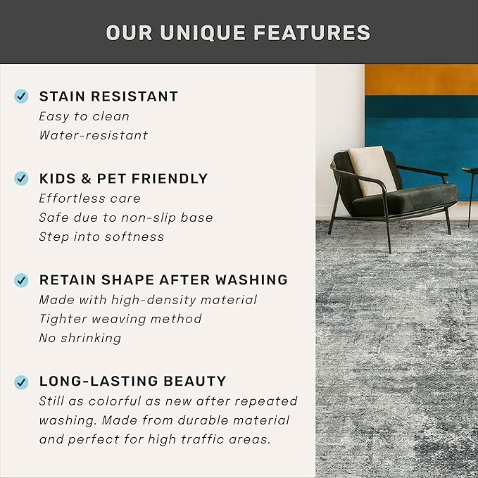 Slate Blue Abstract 5x7 Rug for Office - Dark Grey and Blue Bedroom Rug for Living Room, Washable, Non Slip & Soft, Medallion Indoor Décor