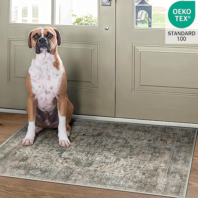2x3 Machine Washable Area Rug for Entryway, Grey Rusty Boho Vintage Floral Rug Non-Slip Low Pile Soft Faux Wool Small Carpet, Kids and Pets Friendly for Bedroom Kitchen Hallway Bedside Home Decor Rug