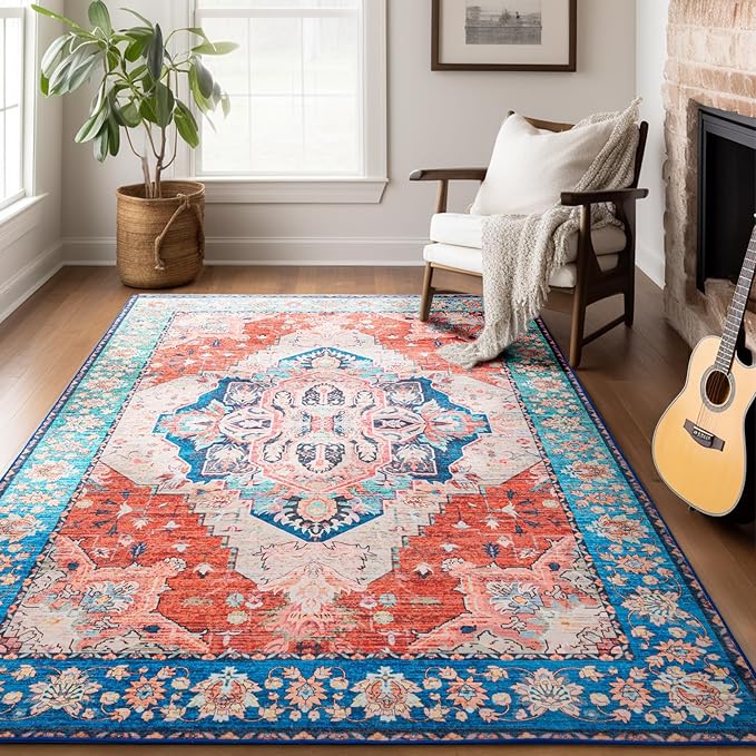 5x7 Washable Rug – Boho Non-Slip Indoor Area Rug for Living Room, Bedroom, Dining Room, Entryway – Red and Blue Vintage Medallion Pattern
