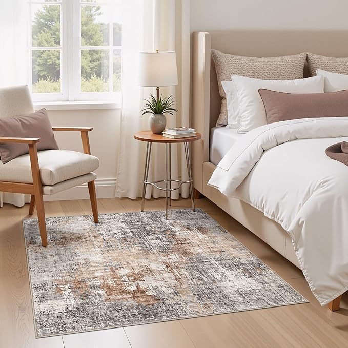 Square Area Rug Living Room Rugs - 5x5 Washable Large Soft Indoor Neutral Modern Abstract Low Pile Rug Carpet for Bedroom Dining Room Farmhouse Home Office - Grey Brown