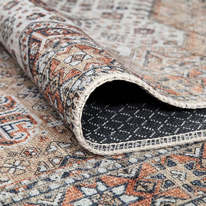 Bloom Rugs Washable Non-Slip 6' x 9' Rug - Sand/Orange/Purple Traditional Medallion Area Rug for Living Room, Bedroom, Dining Room, and Kitchen - Exact Size: 6' x 9'