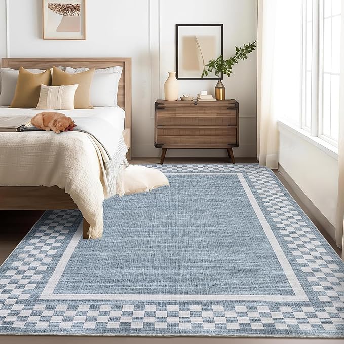 GarveeHome Modern Bordered 8x10 Area Rugs for Living Room Bedroom Soft Washable Large Bedroom Throw Carpet Non Slip Checkered Geometric Rugs for Dining Room Home Decor Office, Blue