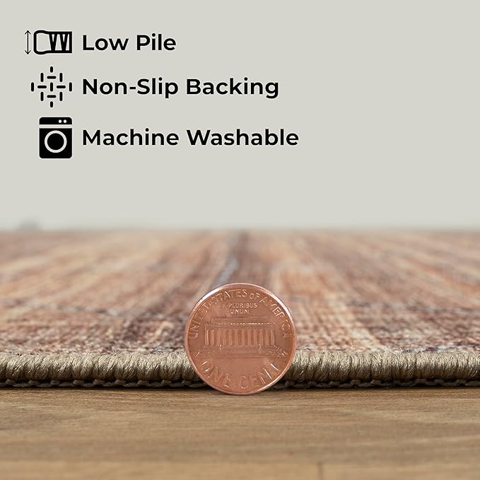 GLN Rugs Contemporary Collection - Machine Washable Area Rug, Contemporary Washable, Non Slip, Low Pile Chenille Rug, Living Room, Bedroom, Kitchen Rug (4' x 6' Terra/Brown)