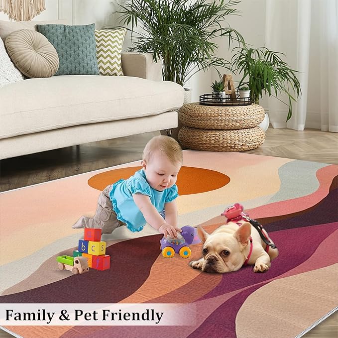 Boho Sun Area Rugs 8x10ft, Minimalist Line Area Rug for Living Room, Geometric Solar Modern Rug with Double Sided Carpet Tape for Bedroom Men Room Decor