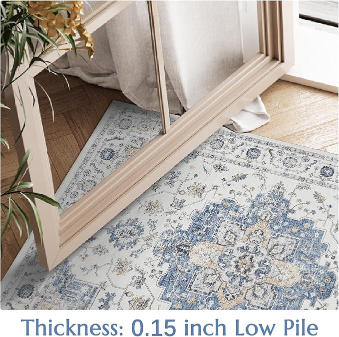 jinchan Runner Rug 2x6 Vintage Hallway Rug Boho Washable Runner Floral Medallion Retro Lightweight Non Slip Classic Thin Soft Carpet for Kitchen Bedroom Bathroom Laundry Room Doorway Blue