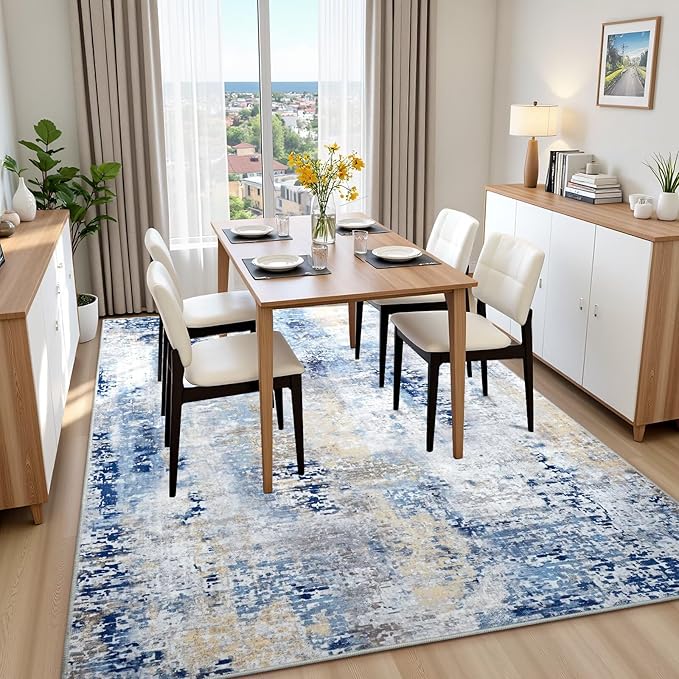 Washable Abstract Rug, 4x6 Modern Area Rugs with Non-Slip Rubber Backed for Living Room, Thin but Soft Contemporary Carpet Kitchen Bedroom Decor, Midnight Blue