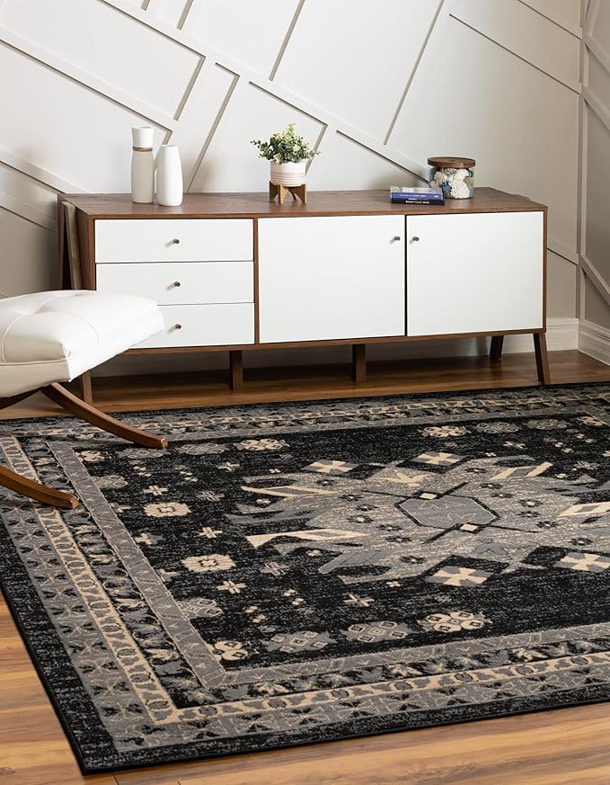 Unique Loom Taftan Collection Border Geometric Tribal Inspired Design Area Rug (8' 0 x 8' 0 Square, Black/ Gray)