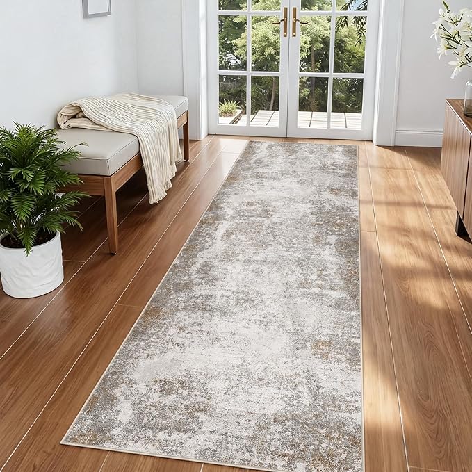 2.6'x8' Hallway Runner Washable Rug - Modern Abstract Rug Runners for Hallways Non-Slip Low Pile Thin Soft Machine Washable Carpet for Bedroom, Laundry, Kitchen, Indoor Entryway (2.6'x8' Brown Grey)