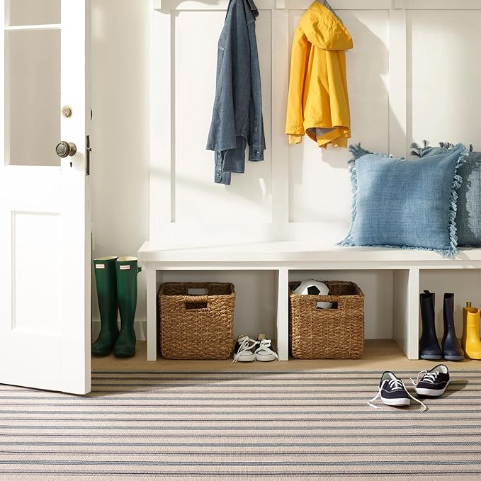 Dash and Albert Nimes Ticking Machine Washable Area Rug - 2.5' x 8' Runner Neutral Stripe Washable Accent Rug - Durable, High Traffic Kitchen, Mudroom, Hallways