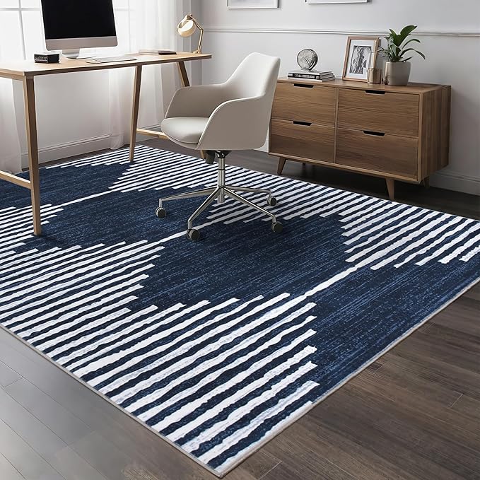 HelloTree Area Rug for Living Room 6x9 Washable Geometric Moroccan Rug Stripe Farmhouse Bohemian Minimalistic Non Slip Non Shedding Ultra Thin Soft Rug for Bedroom Office DiningRoom Nursery-Blue