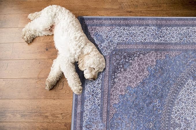 GLN Rugs Traditional Collection - Machine Washable Area Rug, Traditional Washable, Non Slip, Low Pile Chenille Rug, Living Room, Bedroom, Kitchen Rug (2'6" x 7' Navy/Off White)