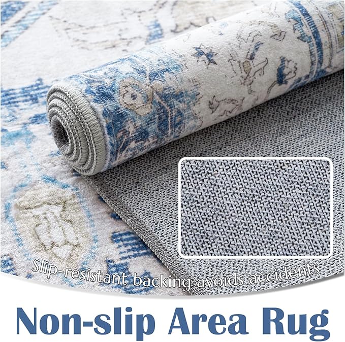 jinchan Kelda Runner Rug 3x7 Washable Rug Soft Hallway Runner Indoor Vintage Print Floor Cover Retro Distressed Lightweight Non-Slip Thin Carpet for Bathroom Kitchen Living Room Bedroom Blue