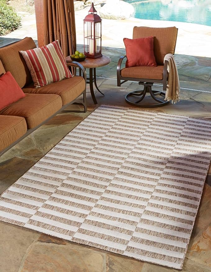 Unique Loom Outdoor Striped Collection Area Rug - Striped (2' x 3' 1" Rectangle Taupe/Ivory)