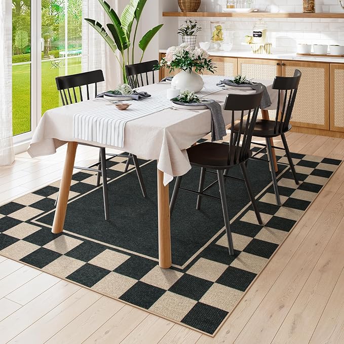 Moynesa Checkered Easy Jute 5x7 Area Rugs for Living Room, Washable Outdoor Patio Rug for Backyard Porches Non Slip, Black Farmhouse Carpet for Dining Room Balcony