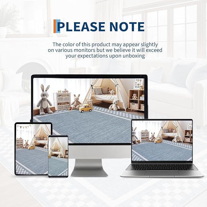 GarveeHome Modern Bordered 8x10 Area Rugs for Living Room Bedroom Soft Washable Large Bedroom Throw Carpet Non Slip Checkered Geometric Rugs for Dining Room Home Decor Office, Blue