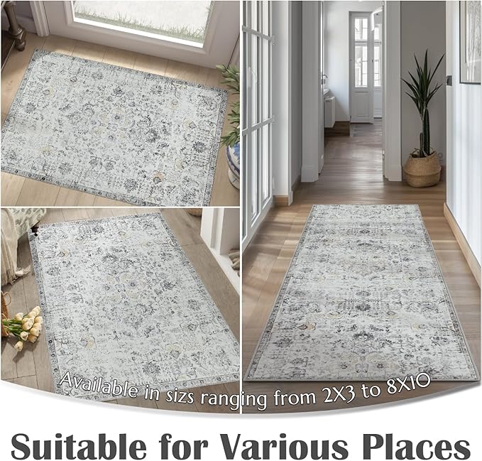 jinchan Kalen Area Rug 3x5 Washable Entryway Rug Soft Door Mat Vintage Indoor Entrance Thin Retro Distressed Carpet Grey Floral Country Boho Non Slip Doormat Bathroom Kitchen Bedroom