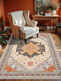 3x5 Orange Beige Area Rug for Living Room, Machine Washable Rugs with Non-Slip Backing for Bedroom, Vintage Medallion Carpet Kitchen Laundry Kids Room Decor