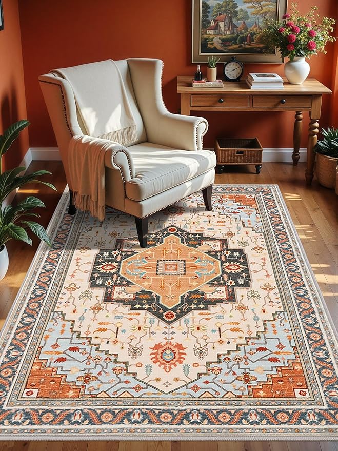 3x5 Orange Beige Area Rug for Living Room, Machine Washable Rugs with Non-Slip Backing for Bedroom, Vintage Medallion Carpet Kitchen Laundry Kids Room Decor