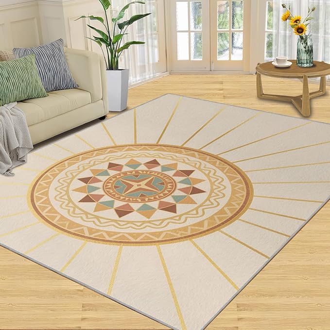 Boho Sun Area Rugs 4x5ft, Minimalist Line Kids Play Rug, Geometric Solar Throw Rugs Bedroom Fluffie Soft for Coffee Shop Living Room Under Table Game Room