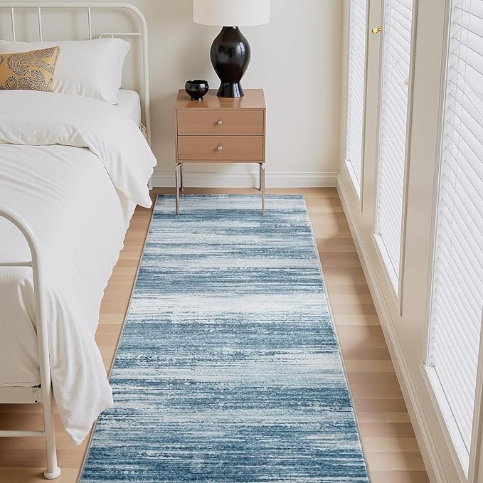 PADOOR Modern Abstract Runner Rug - 2x6 Washable Hallway Rugs, Ultra Soft Non-Slip Low Pile Floor Rugs for Hallway Entryway Kitchen Bedroom Bedside Laundry Room Blue