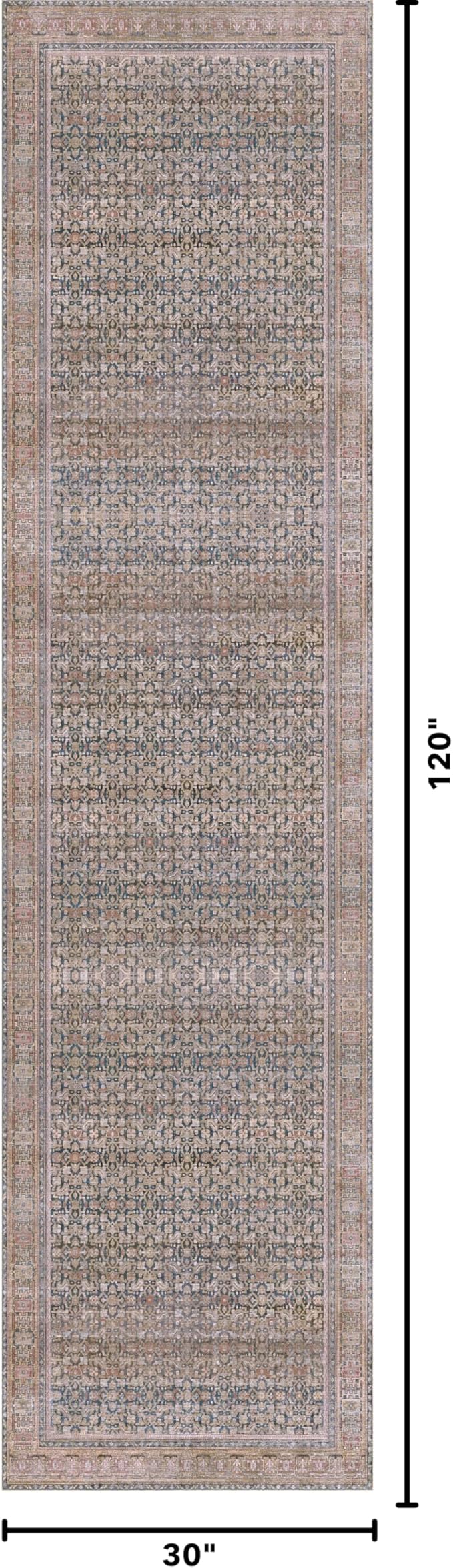Kuden 2'6"x10 Runner Rug, Machine Washable Area Rug with Non-Slip Backing, Vintage Style, Soft, Easy Clean, Low Pile Rug for Hallway, Entryway, Kitchen, Bedroom