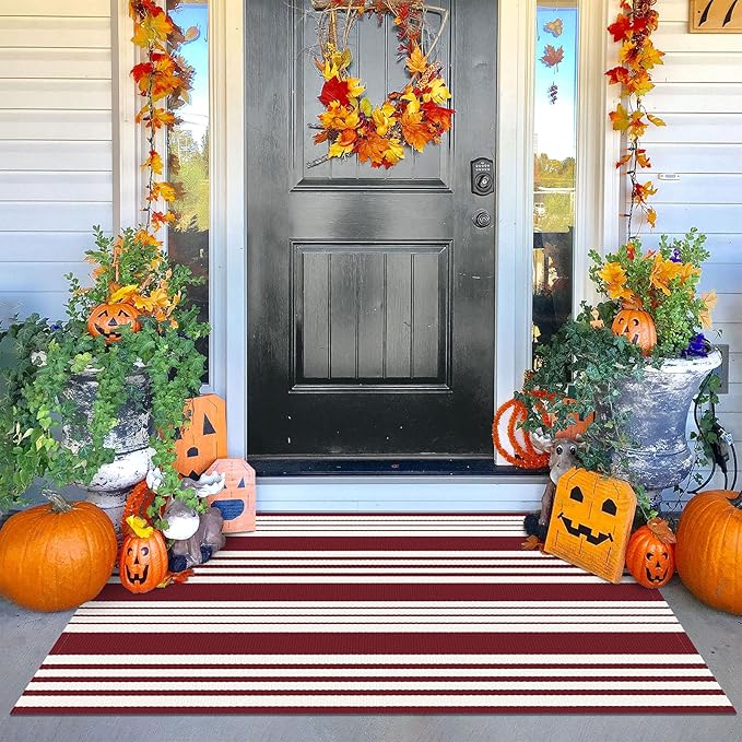 KOZYFLY Striped Outdoor Rug 3x5 Ft Red and White Christmas Front Door Rug Woven Area Rug Washable Doormats Indoor Entrance Mat for Kitchen Entryway Patio Front Porch Holiday Decor