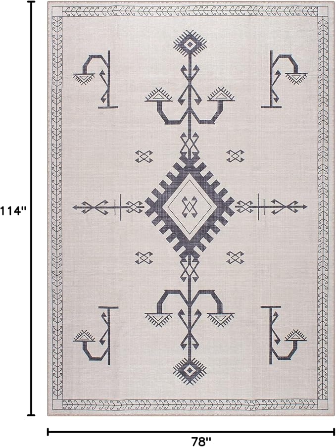 GLN Rugs Contemporary Collection - Machine Washable Area Rug, Contemporary Washable, Non Slip, Low Pile Chenille Rug, Living Room, Bedroom, Kitchen Rug (6' x 9' Cream/Anthracite)