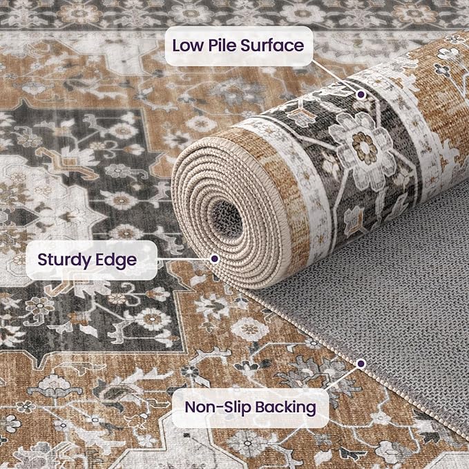 DEXI 10x14 Area Rug for Living Room, Washable Vintage Farmhouse Thin Rug Indoor Floor, Non Slip Stain Resistant Low Pile Carpet for Dining Room Bedroom Office, Brown