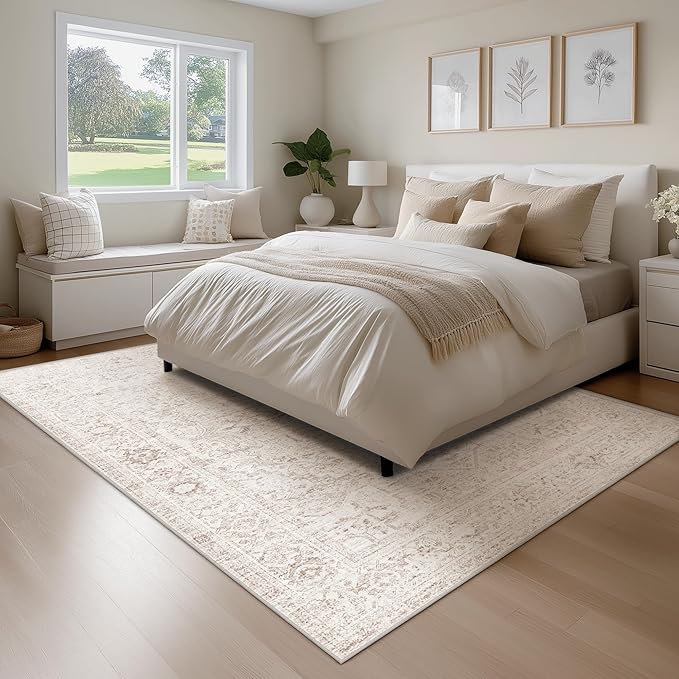 Fmfunctex 8x10 Washable Area Rug Beige Vintage Neutral Distressed Oriental Large Non Slip Carpet for Living Room Bedroom Soft Low Pile Indoor Mat Retro Throw Rug for Dining Room Kitchen Office Nursery