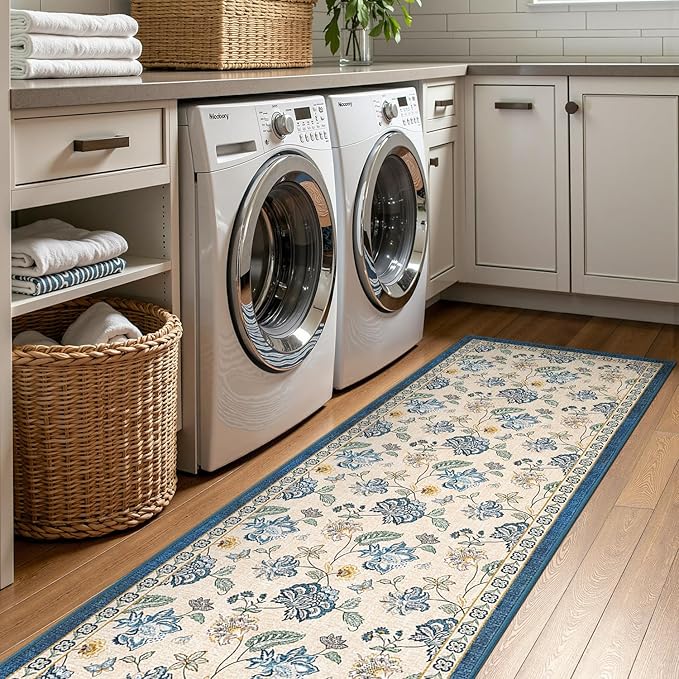 jinchan Elora 3x10 Floral Runner Rug for Hallway Washable Runner Vintage Romance Design Non Slip Thin Indoor Floor Cover Low-Profile Throw Carpet for Entryway Bathroom Bedroom Porch, Blue/Beige