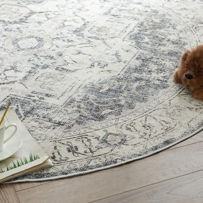 jinchan Kelda Round Rug 6ft Washable Area Rug Indoor Vintage Bedroom Floor Cover Distressed Circle Mat 6' Round Lightweight Non Slip Low Pile Thin Farmhouse Carpet for Living Room Dining Room Grey