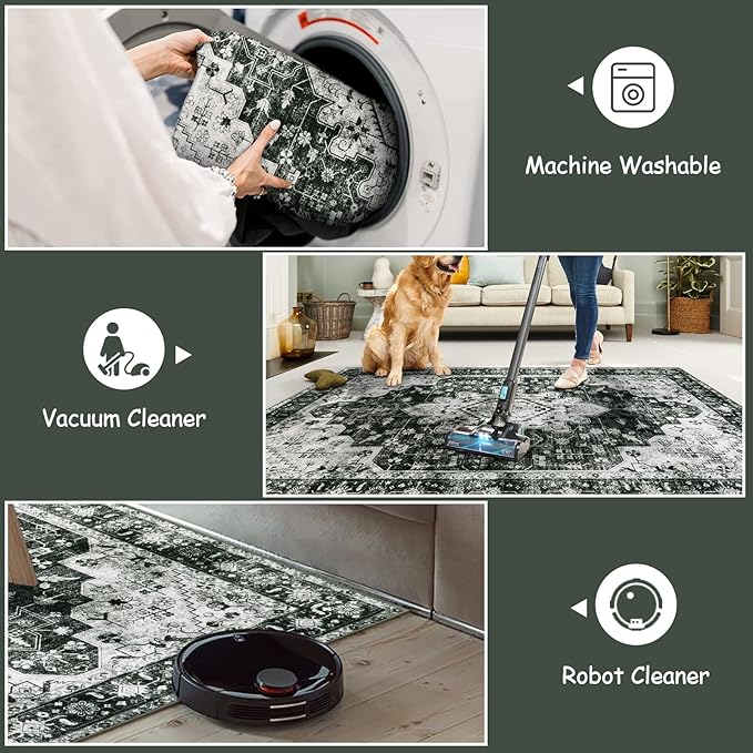Moynesa Ultra-Thin Washable Vintage Area Rug - 3x5 Boho Entryway Rug Oriental Medallion Living Room Mat Non-Slip Non-Shedding Stain Resistant Indoor Accent Carpet for Kitchen Bedroom, Black/White