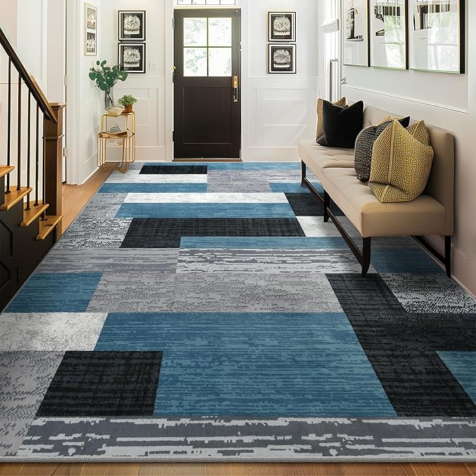 Large Area Rugs,Modern Geometric Patchwork Floor Decor for Bedroom Aesthetic Carpet, Rockwood Collection, Indoor Rugs for Living Room, Dining Room, Nursery, Office, Machine Washable Rug,9x12 Ft Blue