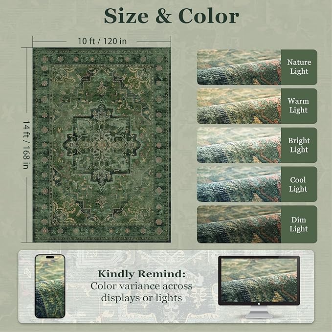 Extra Large Area Rugs 10x14 for Living Room, Dark Green Farmhouse Distressed Printed Carpet Rugs for Bedroom Low Pile Thin, Non Slip Washable Neutral Boho Rug for Dining Room