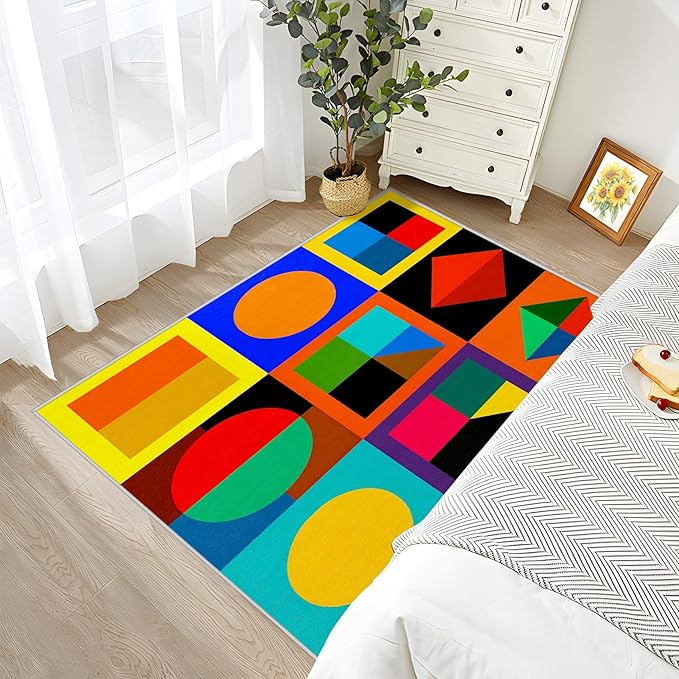 Geometric Large Area Rug - 7x10 Rug - Colorful Abstract Modern Funky Rugs for Living Room Non Slip Low Pile Machine Washable Area Rugs, Geometric Carpets Home Decor & Gifts