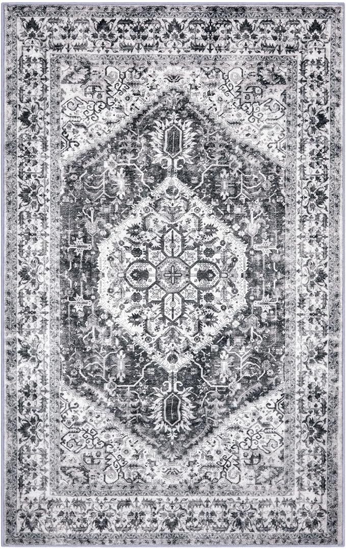 KOZYFLY Boho Area Rug 6x9 Ft Thin Rugs for Living Room Washable Bedroom Rug Non Slip Rugs for Living Room Printed Faux Wool Bedroom Rug Floor Carpet for Dining Room, Grey