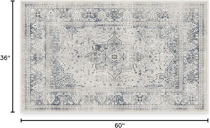 RUGGABLE Washable Vintage Area Rug – Sarrah Blue Quartz 3x5, Stain-Resistant, Non-Slip – Small Machine Washable Rugs for Living Room, Bedroom, Hallway, Entryway & Office–with Cushioned Pad