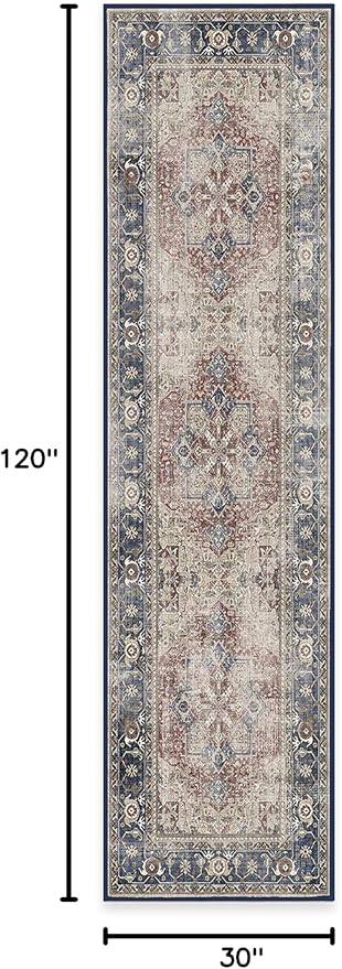RUGGABLE Washable Vintage Runner Rug – Kamran Royal Blue 2.5x10, Stain-Resistant, Non-Slip Hallway Runner – Machine Washable Rug for Hallway, Entryway, Living Room & Kitchen–with Cushioned Pad