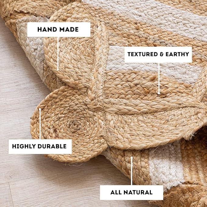 HOMEMONDE Scallop Jute Rug - 5'x8' Natural Fiber Boho Farmhouse Style Décor - Handmade Rustic Vintage Braided Area Rug for Bedroom, Living Room, Dining Area, Kitchen